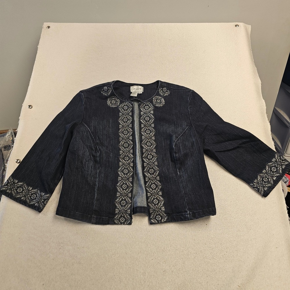 Live a Little Denim Jacket XL Dark Wash Embroidered Open Front Cropped 55802R